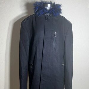 MACEOO ZIP FURRED WOOL & CASHMERE OVERCOAT W/ FAUX FOX FUR TRIMMED SZ XXL